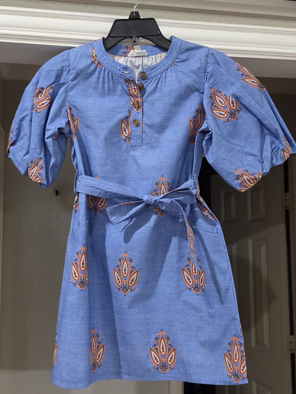 Girls' Blue Paisley Belted Puff-Sleeve Dress